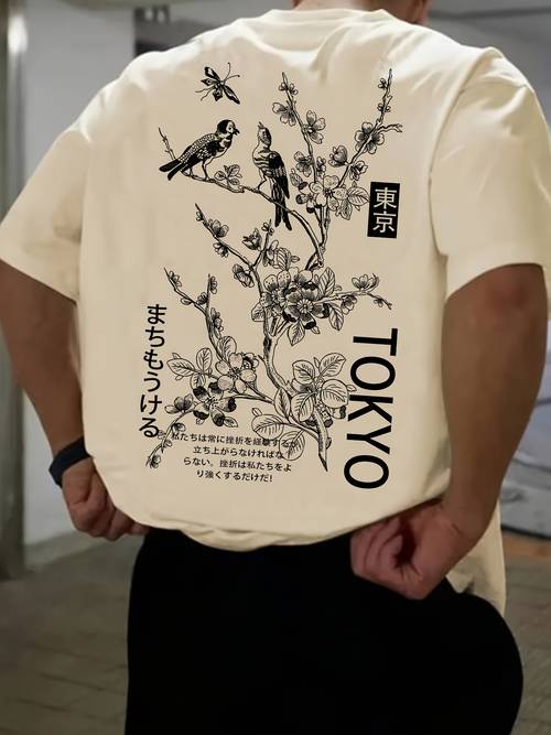summer mens pure cotton t shirt with flower and bird patterns tokyo letter antique style printed pattern for outdoor wear mens fashionable pure cotton t shirt