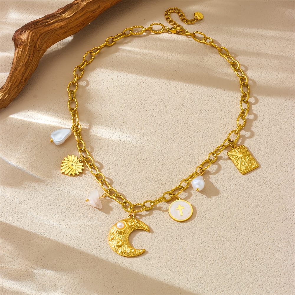Crescent Imitation Pearl Circle Cross Pendant Necklace