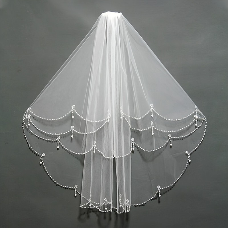 

Elegant Bridal Veil With Beaded - Romantic Short Wedding Headpiece For Women