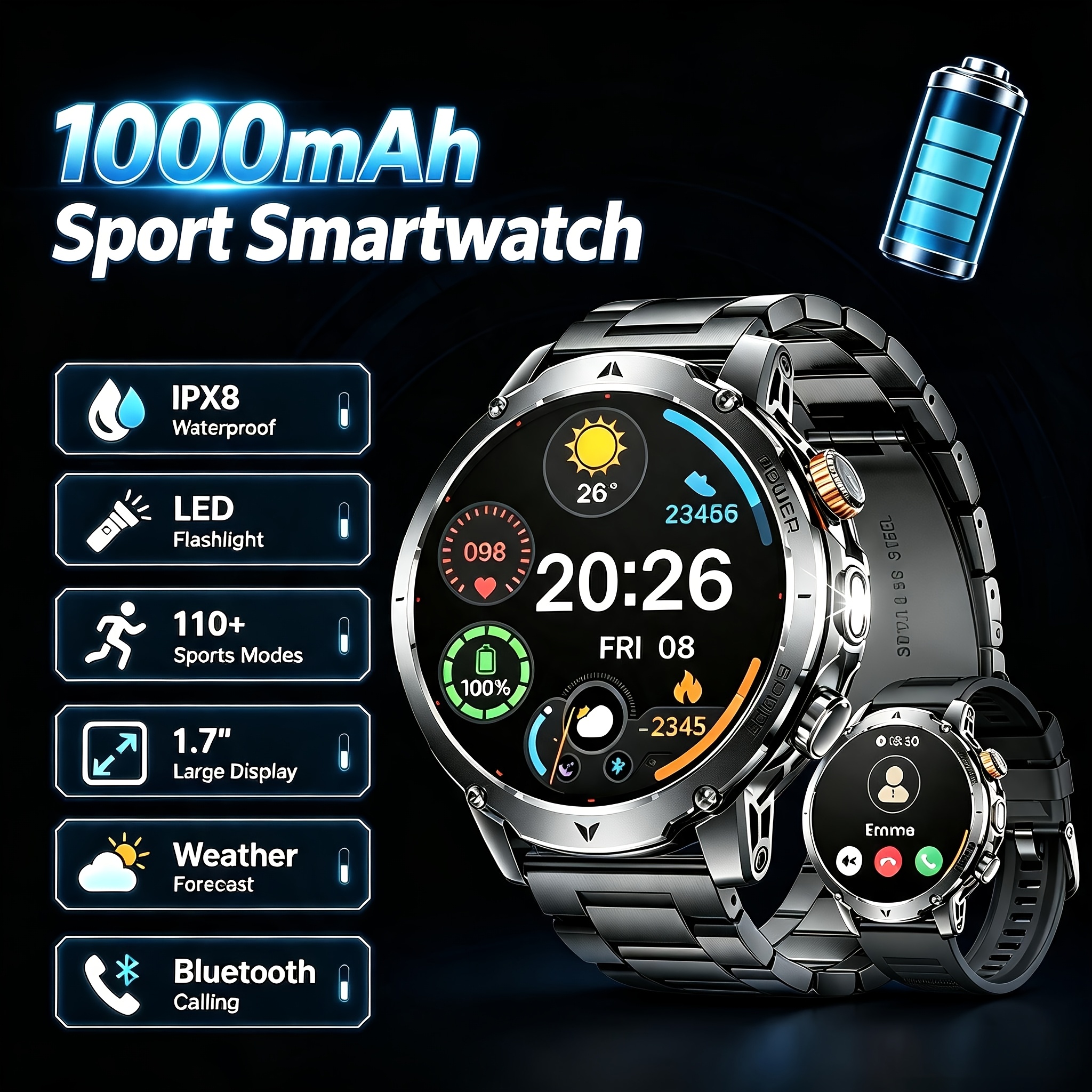 Image of Siemorl Business Men's Smartwatch For Iphone And With Led Flashlight, 1000mah Battery, 110 , Ipx8 Waterproof, 1.7-inch Hd Screen, Bluetooth Calls, Men's Watch