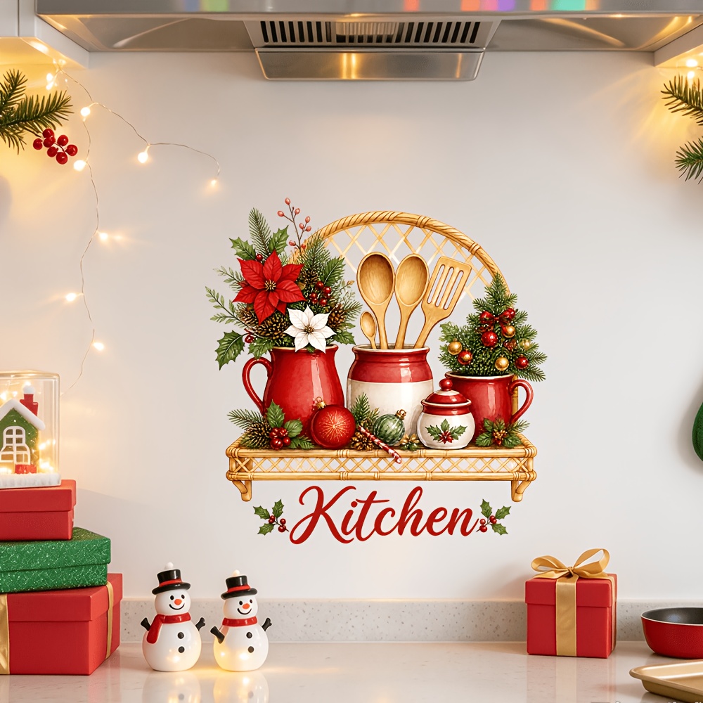 TEMU 1 ud. Adhesivo de pared retro navideño para cocina rústica, tetera de cocina en HD, florales, estantería tejida, decoración de cocina pastoral,