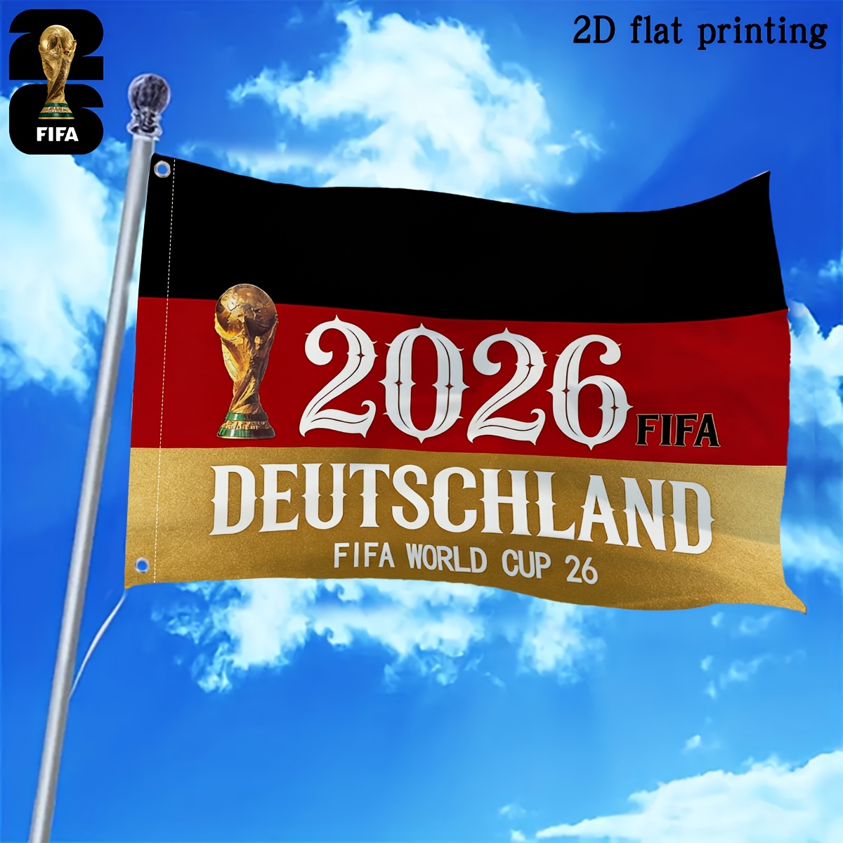 E-shop 2D Ebene . Quadratische Flagge, autorisiertes 2026 FIFA Weltmeisterschaft &Zayu&Clutch Maskottchen Muster Quadratische Flagge, geeignet für