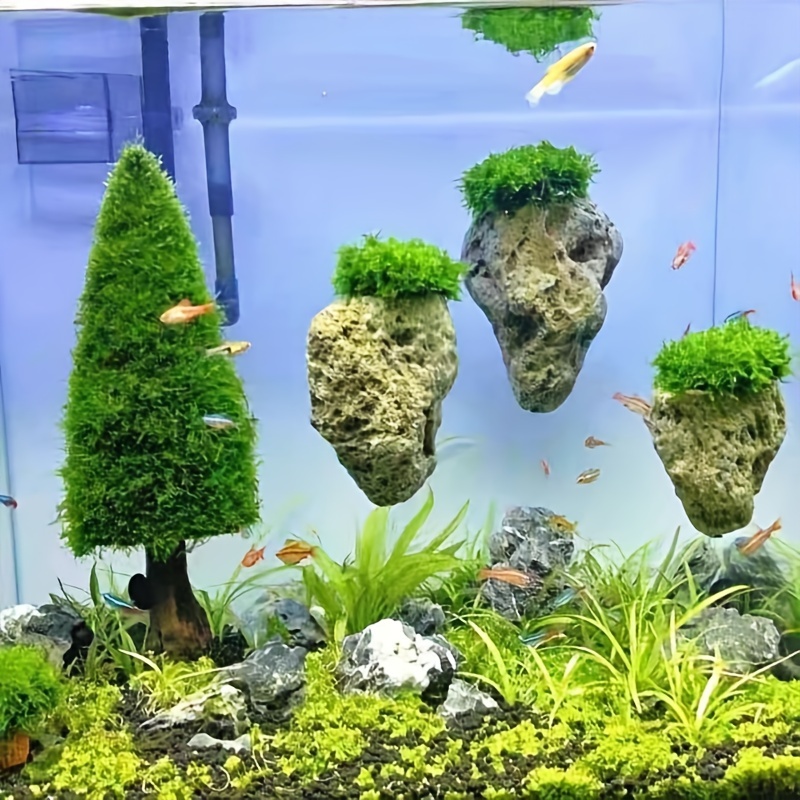 

Aquarium Set – Natural Stone Suspended Decorations For Fish Tanks, Diy Underwater Landscape, Office & Home Aquarium Scenery With Moss, Includes Suction Cups & Wires (1 Pack, 8-10 Cm)