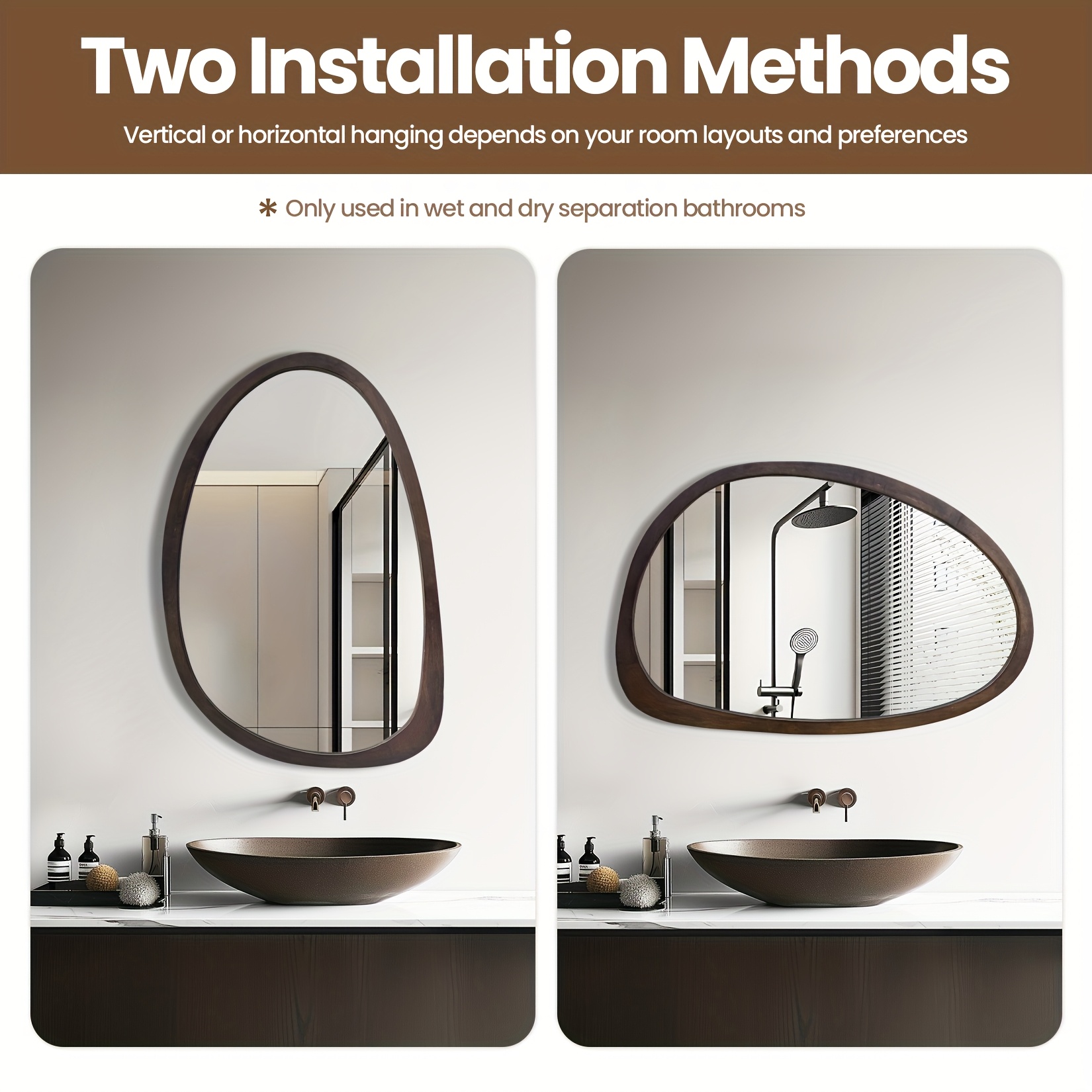 Vintage Asymmetrical Wall Mirror 70×50cm - Irregular Solid Wood Frame, Classic Wall-Mounted HD Makeup Mirror Home Decoration, Vertical/Horizontal, Ideal for Bedroom, Living Room, Entryway Decor, Wall Decor, Formaldehyde-free