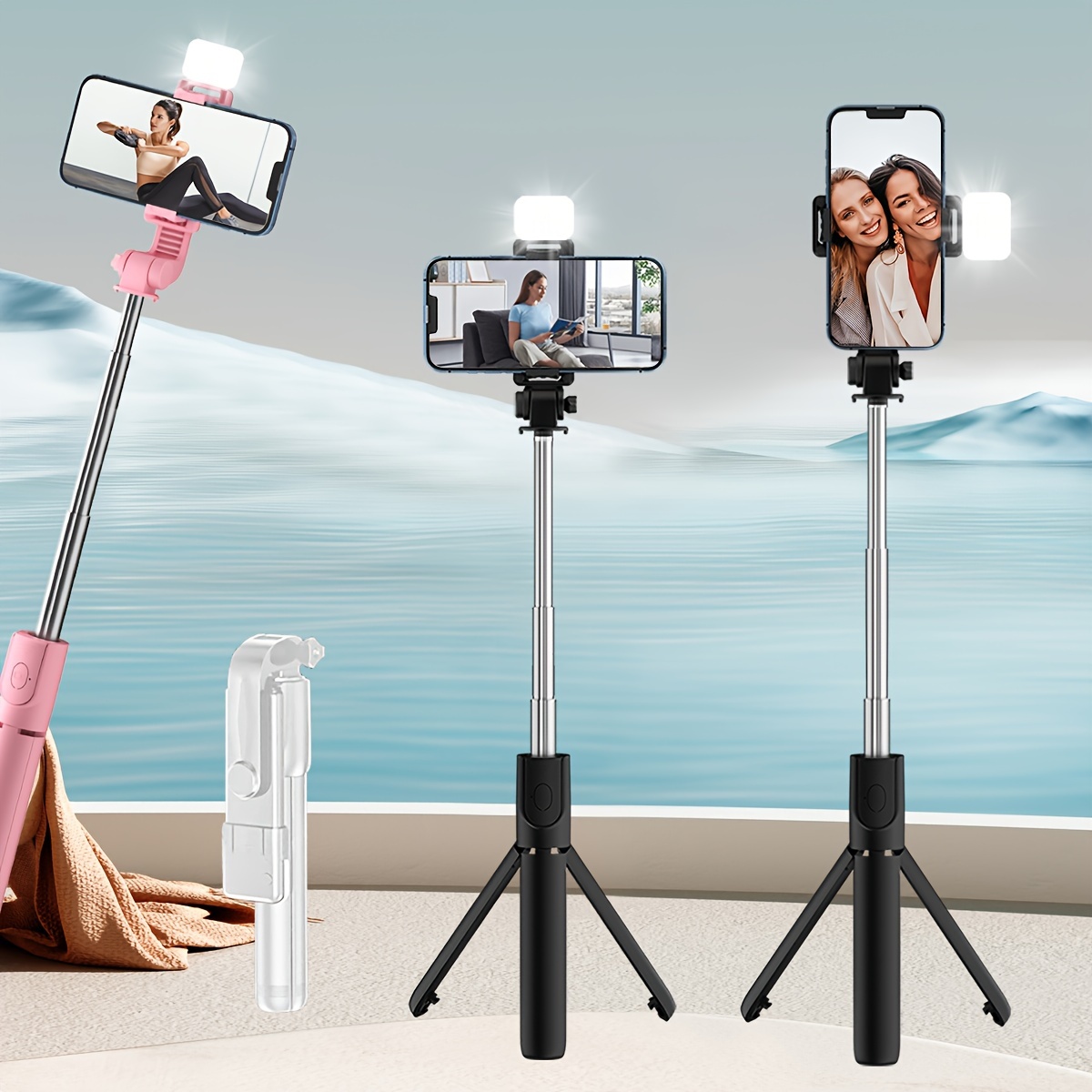 selfie stick tripod stand 360 rotating wireless remote led Temu