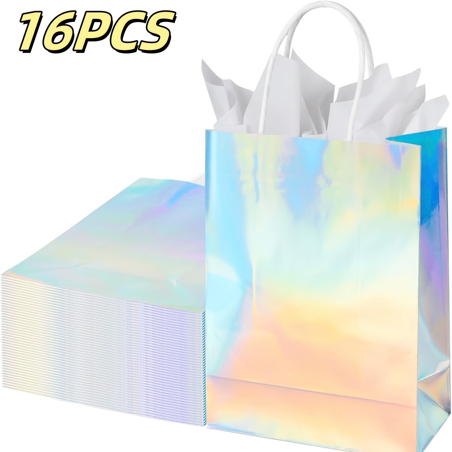 TEMU 16pcs Reusable Laser Iridescent Holographic Glossy Paper Gift Bags With Sturdy Handles - Rainbow Gradient Colors For Graduation, Wedding, Baby
