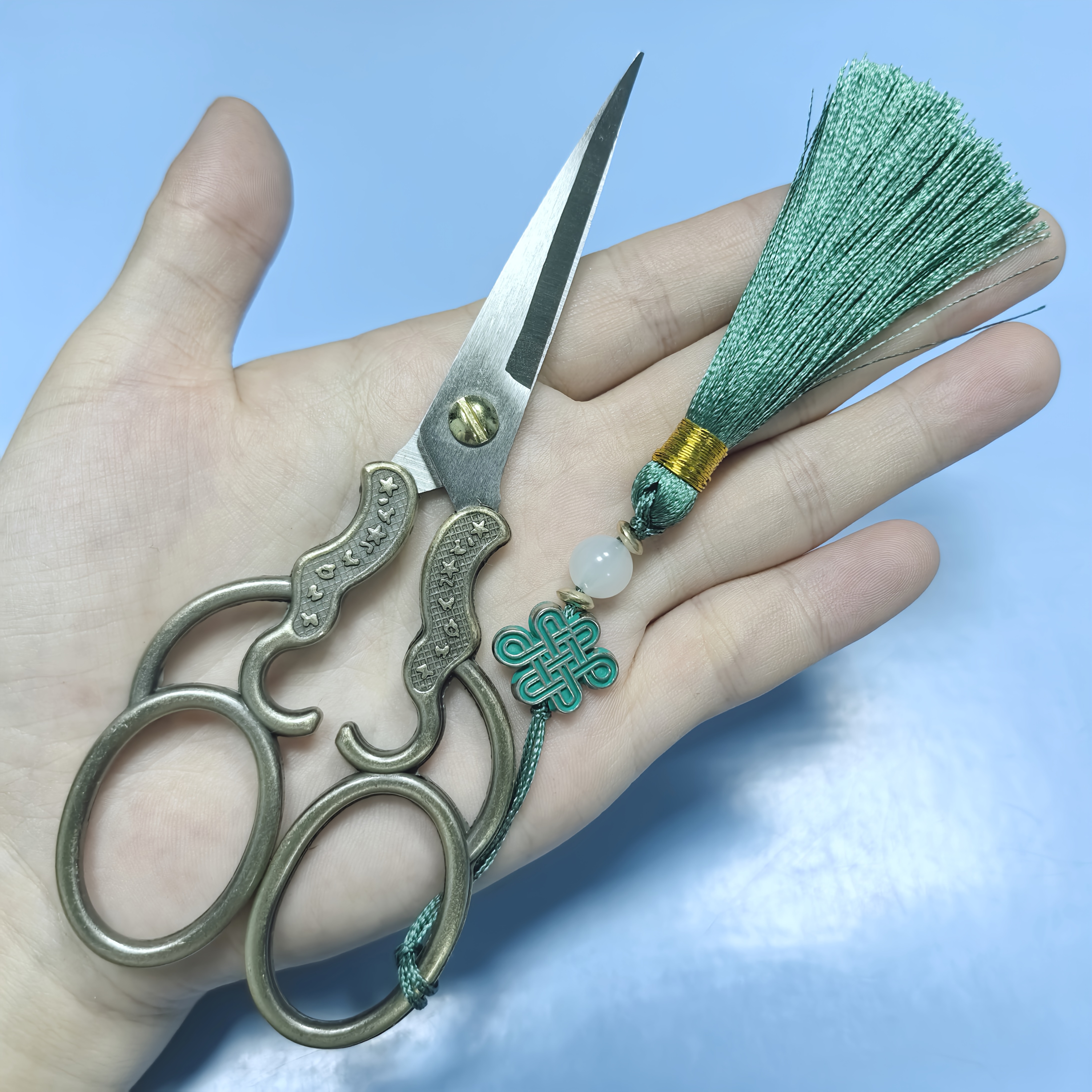 Image of 1pc Vintage Copper Stainless Steel Floral Pattern Blue Green Tassel Scissors- Right-handed Embroidery, Tailoring, - Special, Home Office Sewing Scissors