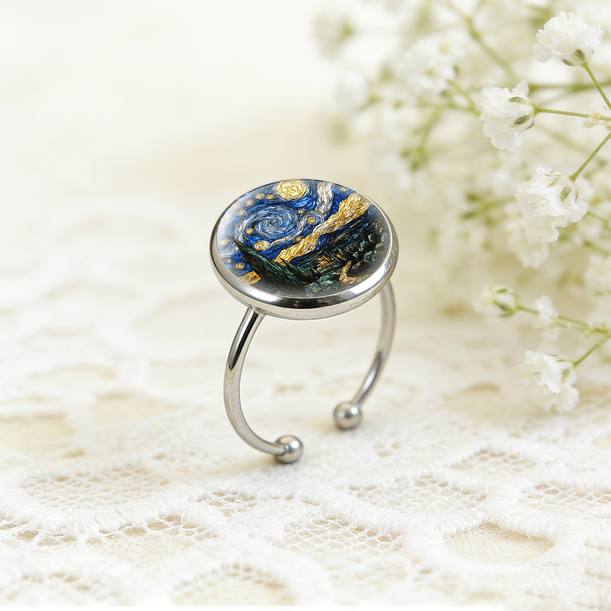 Stained Glass Inlaid Open-ring with Starry Night Design