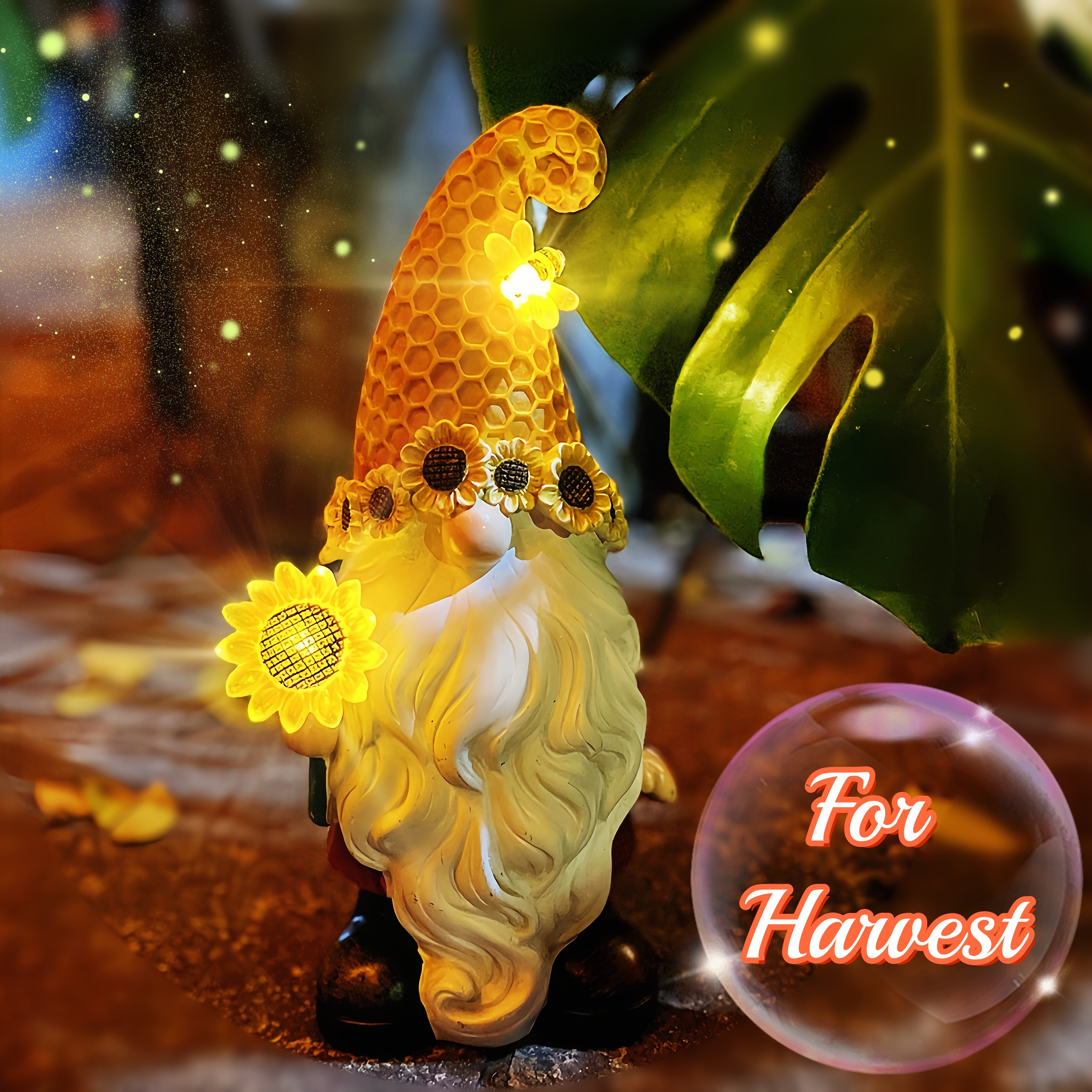 TEMU Solar Outdoor Sunflower Gnome With Led Bee Lights, Fall Garden Theme Orange Dwarf Outdoor Figurine Light, Yard Patio Front Door Ornaments, Resin