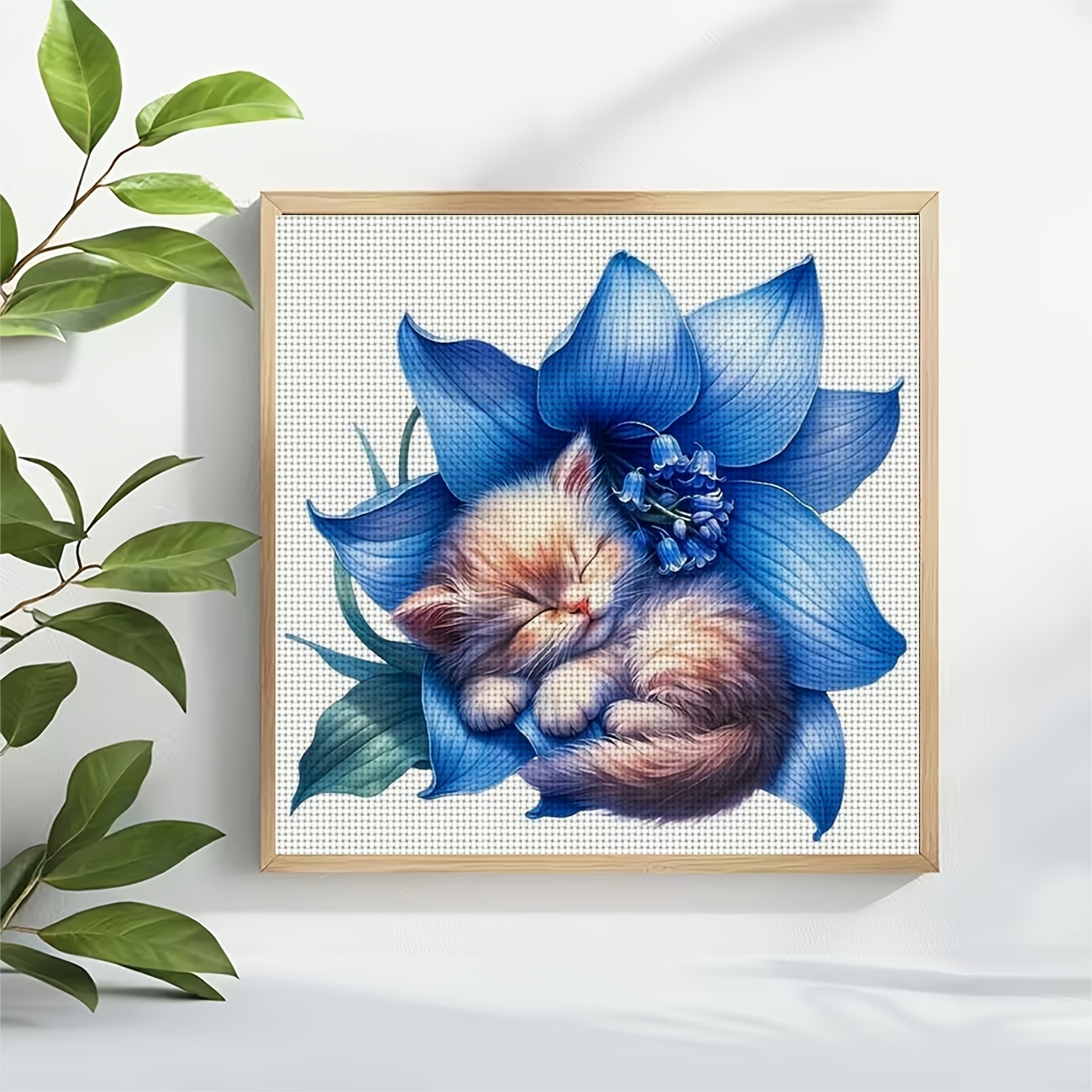 DIY Cross-Stitch Printed Kit Featuring Sleeping Cat Among Blue Flowers