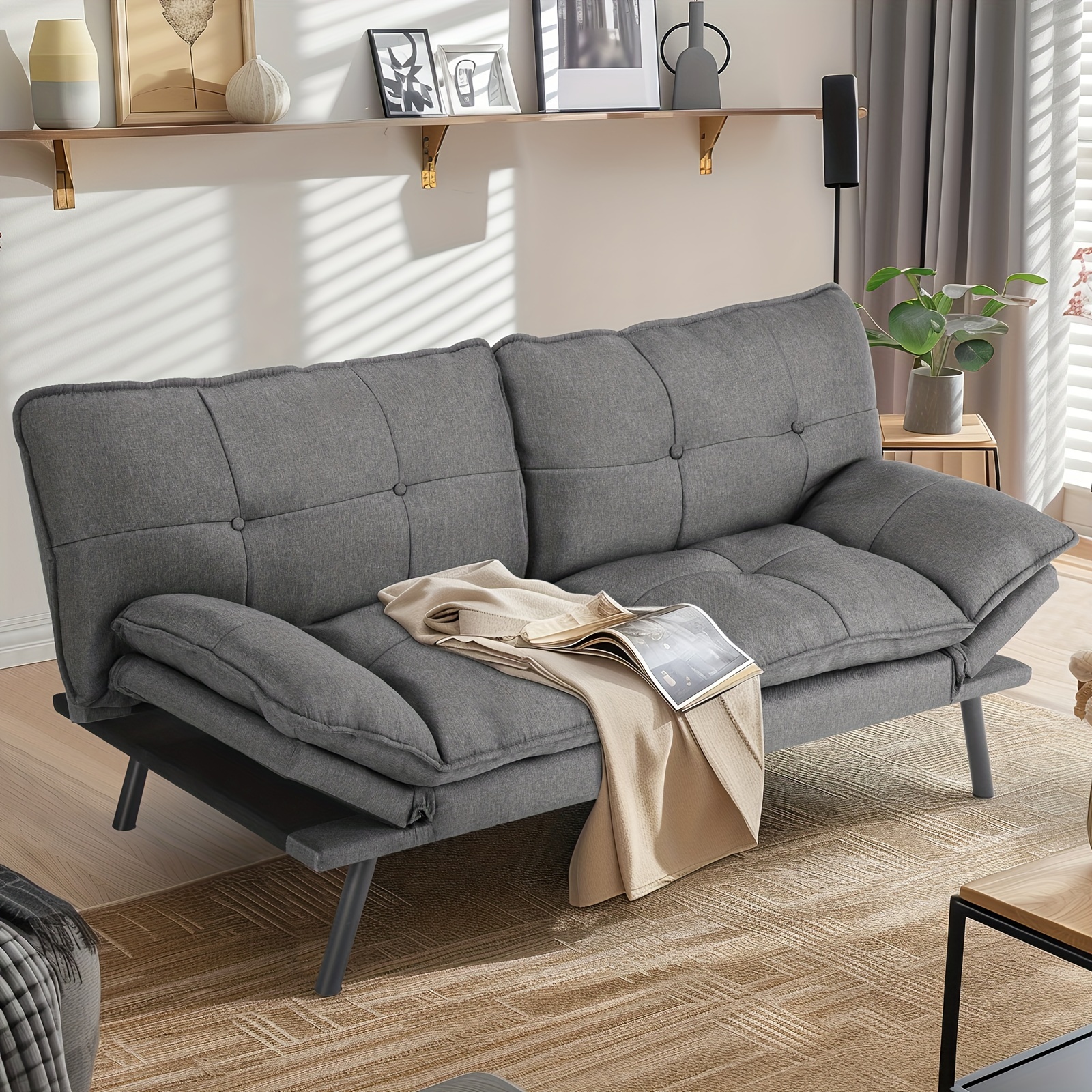 

Memory Foam Futon Loveseat Sofa, Convertible Sofa Bed Couch Small Splitback Sofa Sleeper For Living Room, Office, Grey