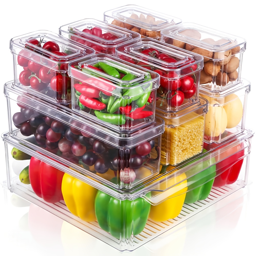 10pcs refrigerator organizer bins 10pcs pet clear stackable refrigerator organizer bins bpa free food storage containers versatile kitchen organizers for fridge egg vegetable fruit meat dumpling garlic   with no   food dish transport bus tubs
