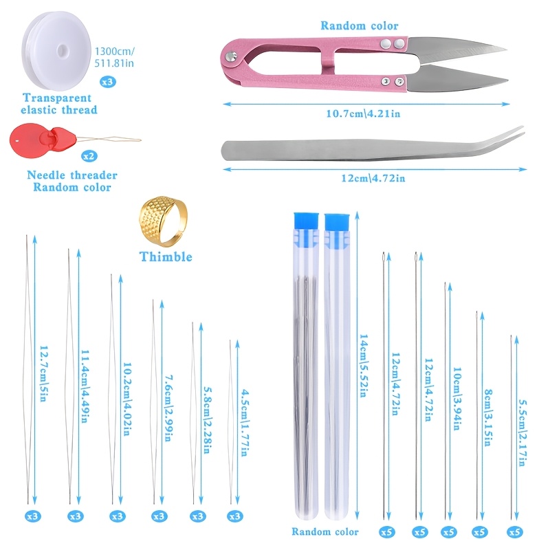 E-shop Perlen Nadel Werkzeug Set, Samtperlen Nadeln, Langer Gerader Perlenfaden, Nadeln mit großem Öhr und Nadel Einfädler, Elastischer Faden, , Schere