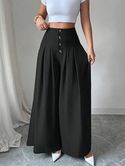 womens fashion loose solid color button front pleated back invisible zipper wide leg pants no pockets