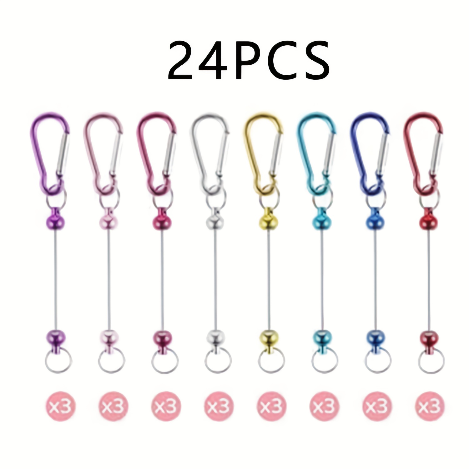 Image of 24pcs Colorful Simple Blank Beaded Keychain Set, Including Beaded Rod Clips, Diy Beaded Pendants, Schoolbags, Car Keys, Decorative Pendants