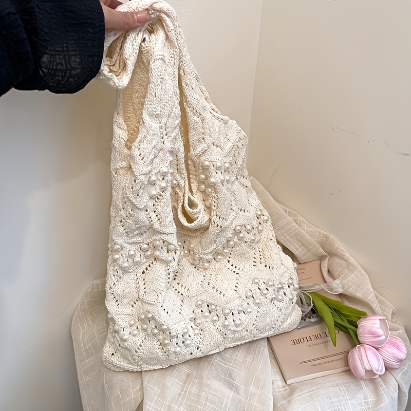 TEMU Women' Korean Style Knitted Handbag With Bead Accent - Large Capacity Minimalist Shoulder Bag, // Suitable For, Travel, Everyday Use, Strap & ,