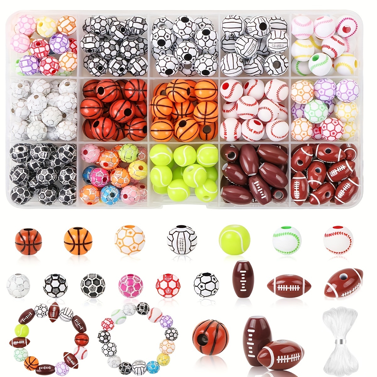 

200pcs Sports Ball Beads For Making, Acrylic Tiny Baseball Basketball Soccer Football Volleyball Beads For Bracelets Keychains Necklaces Crafting, With Box