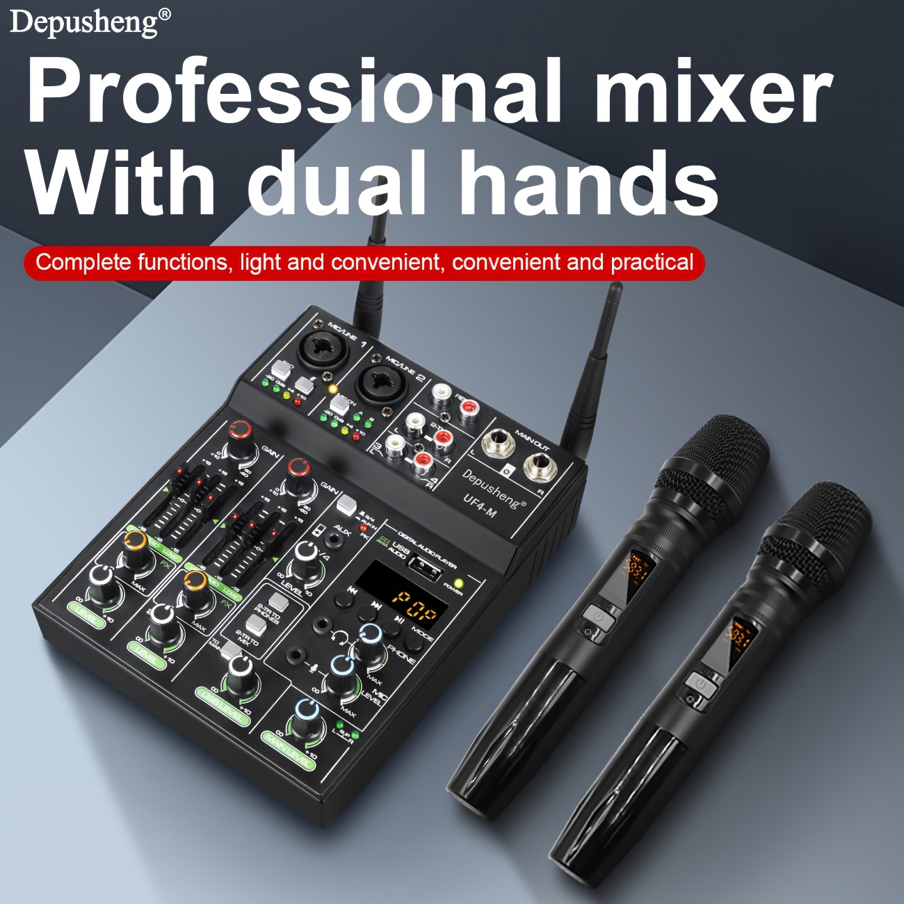 

Depusheng Professional 4-channel Audio Mixer Board, Portable Dj Mixing Console With Dual Hands Control, Usb Powered, Abs Material, For Studio Recording And Singing, Dj Mixer, Depusheng