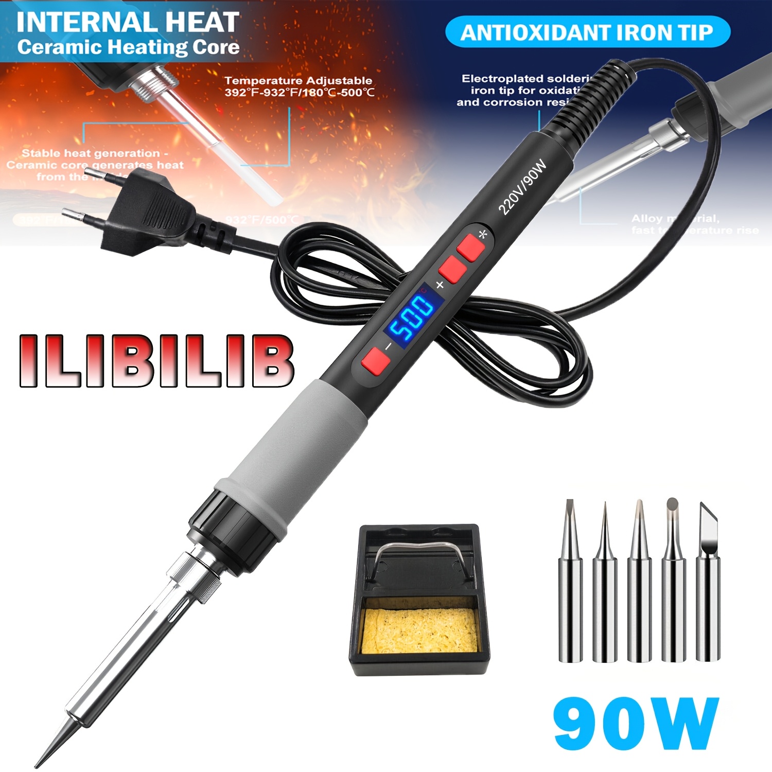 ILIBILIB za spajkanje, 90W LCD digitalni zaslon z nastavljivo temperaturo Spajkanje od 180 do 500°C, Konstantna Hitro segrevanje Pametni za