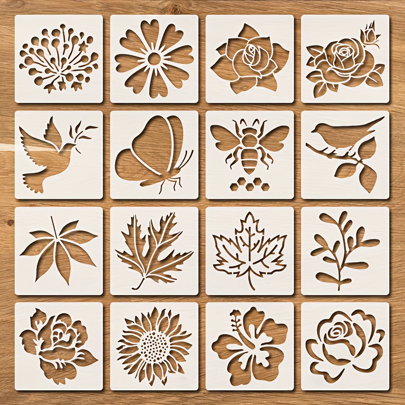 Image of A Set Of 16 Flower And Bird Painting Stencils, Reusable 3.9-inch Designs Featuring Bees, Birds On Branches, Roses, Butterflies, And Leaves, Perfect For Wall Painting On Canvas For Farmhouse Home Decor