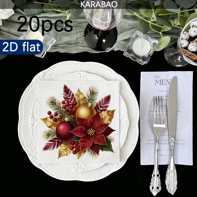 TEMU 20-pack Double-ply Napkins, Christmas Red And Golden Wreath Pattern, Featuring Poinsettias, Pine Branches, Berries, And Golden Ornament Ball