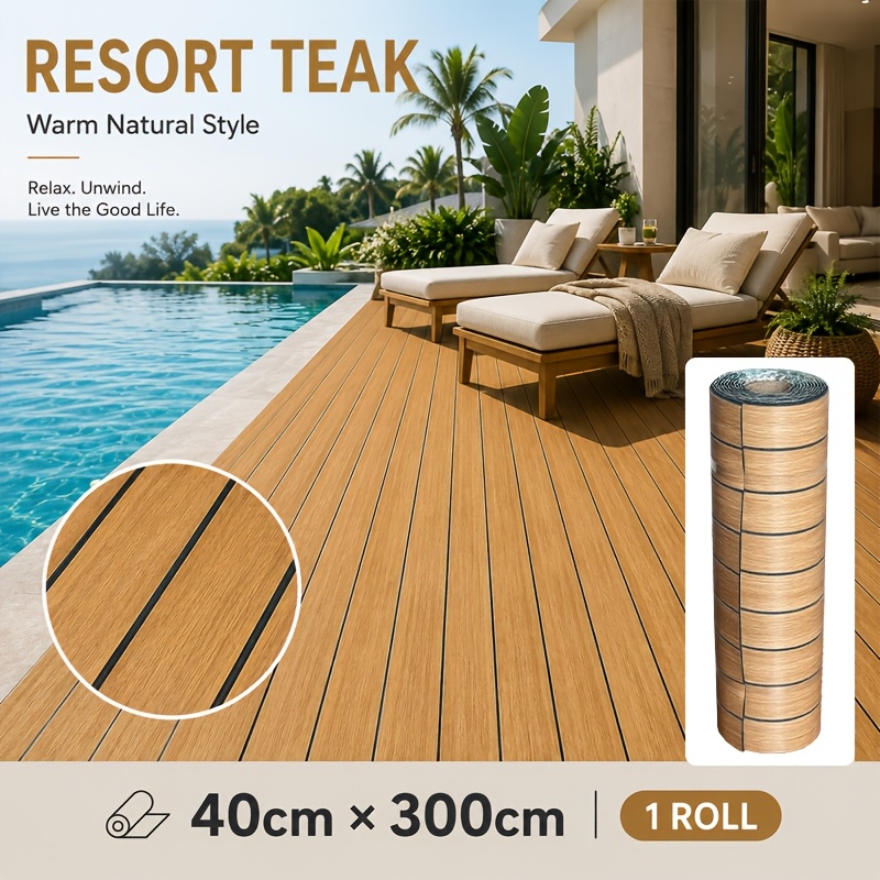 TEMU Diy Outdoor Wood-plastic Deck Textured Flooring Sheet, Self-adhesive Patio And Balcony Floor Decoration Roll, 40×300cm = 1.2 Square Meters, 4mm,
