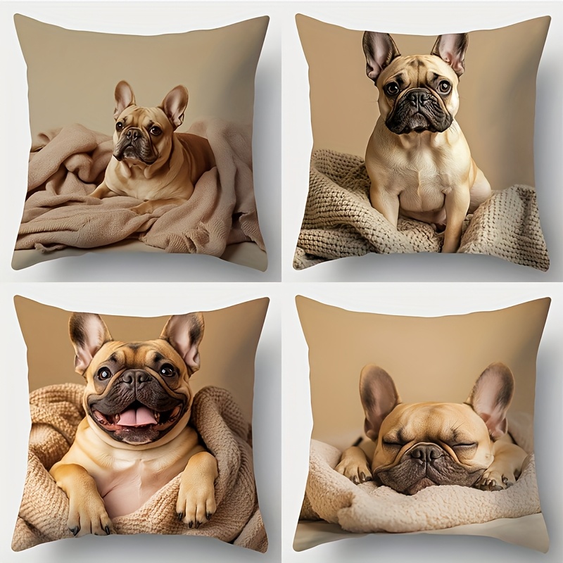 TEMU 4pcs Set, Printed Pillowcase, French Bulldog Theme Pattern, Bulldog On The Pillow Has Different Postures, Either Lying Down Or Sticking Out Its