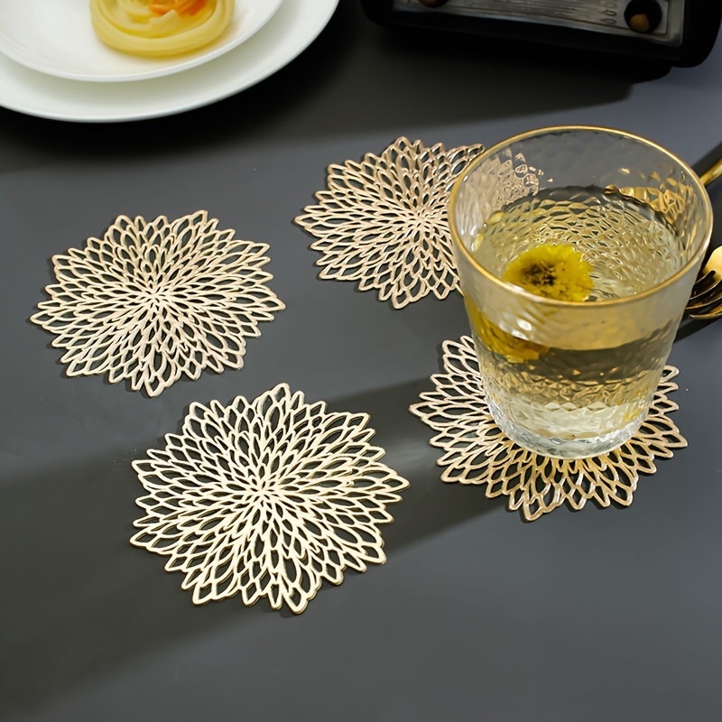 

6pcs Set Golden Floral Pvc Coasters - Heat Resistant, Washable & Polished Metal For Indoor/outdoor Use - Weddings, Camping & Festivals