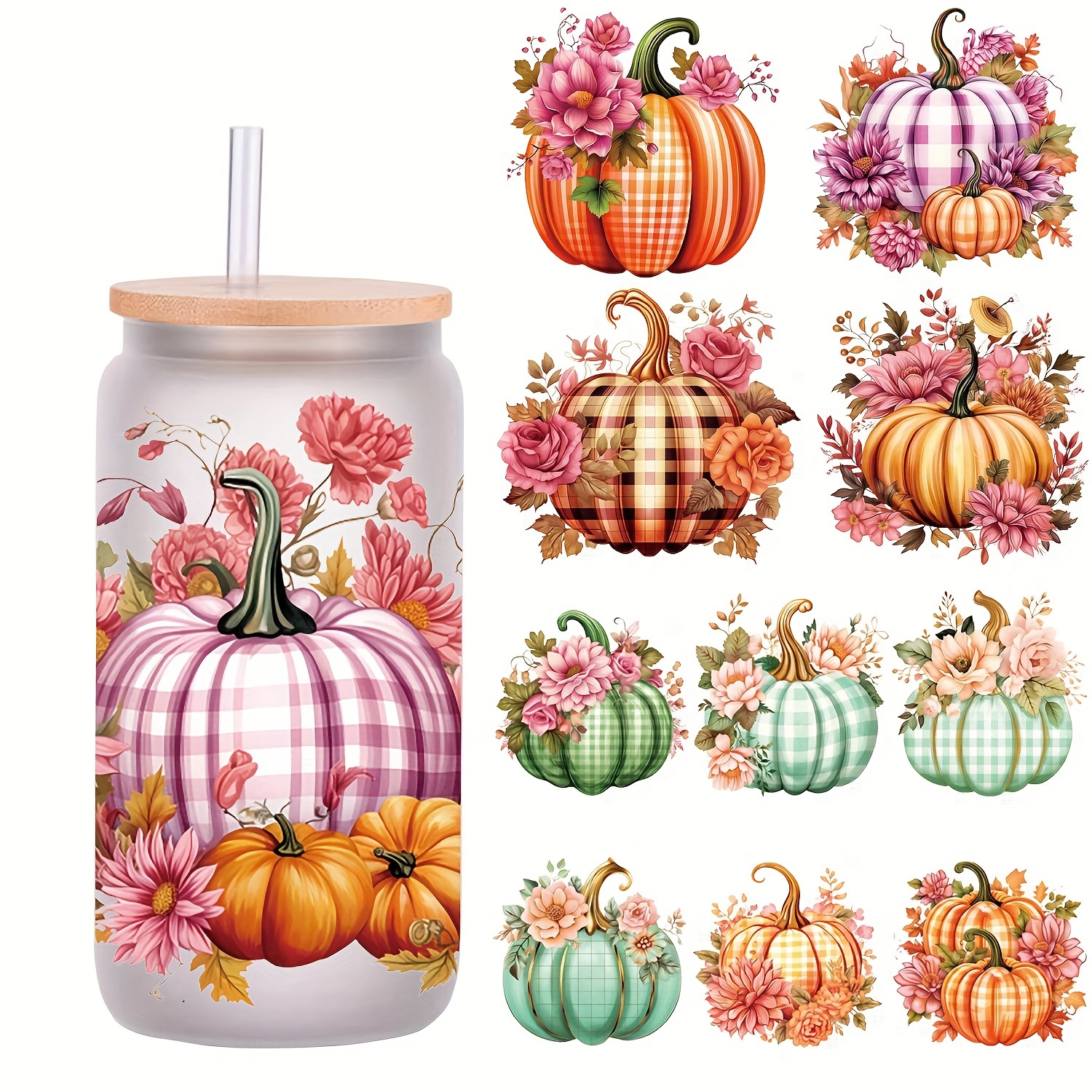 

5-piece Set Autumn Pumpkin Design Decorative Adhesive Paper For 16 Oz Glass Jars, Uv Dtf Diy Self-stick Decal Wraps For Coffee Mugs & Tumbler Cups