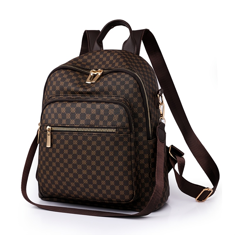 TEMU Ladies' Mini Backpack In A Brown And White , Featuring Golden Zippers, A Removable Shoulder Strap, A Top Handle, Multiple Compartments, And Made