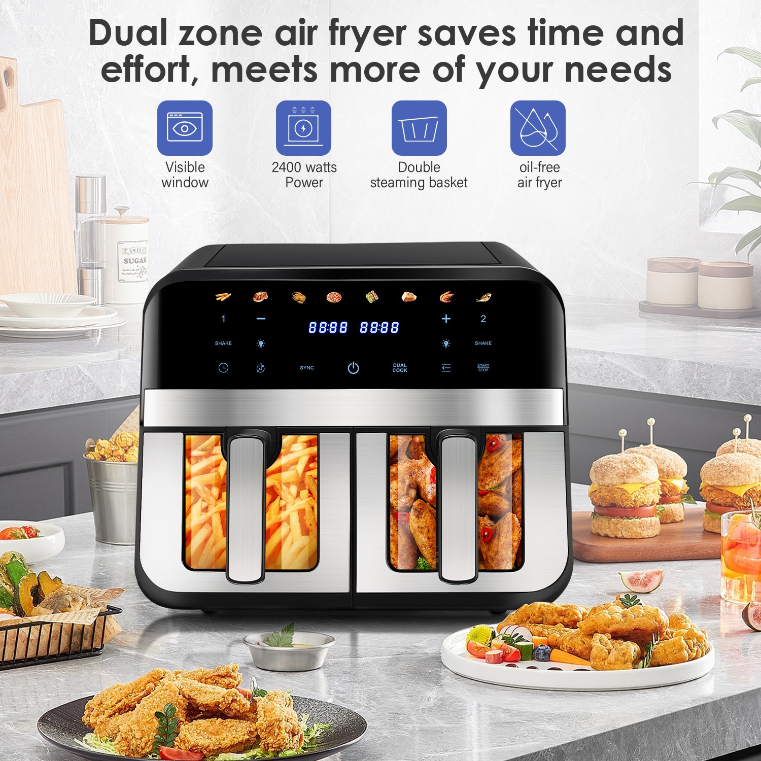 Easy-View Window 6L Air Fryer, New Large Capacity, Touch Screen, Multifunction, Mini Oven, Touch Controls with 6 Presets, Nonstick & Dishwasher Safe Basket, FULL GLASS BASKET- Black, Chicken, Crisps, Broils, Roasts, Dehydrates, Bakes, Reheats