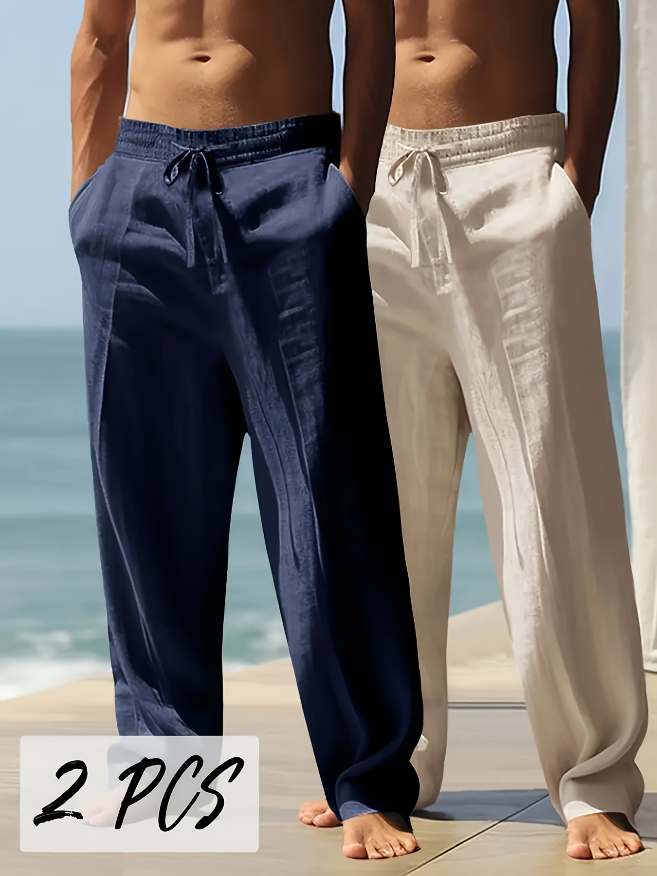 2pcs mens heavyweight linen pants 95 linen 5 polyester relaxed   season trousers with elastic waist cuff breathable thermal casual   riding pants for indoor outdoor activities versatile for semi formal to casual attire