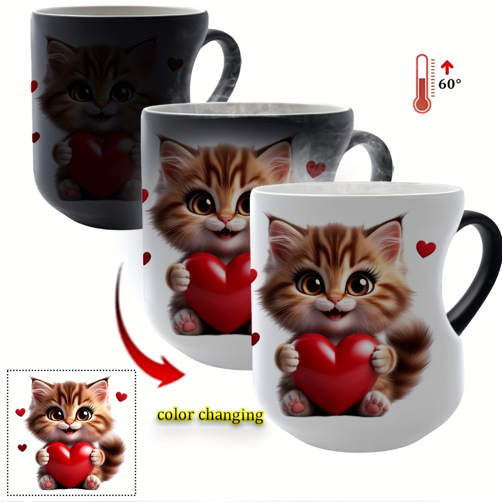 Image of Adorable Kitten Holding A Red Heart: A Cute Valentine's Day Illustration Thermosensitive Ceramic Mug, - Changing Mug Heart - Handle Mug, 11 Oz/330 Ml, Coffee Mug Christmas Gift For
