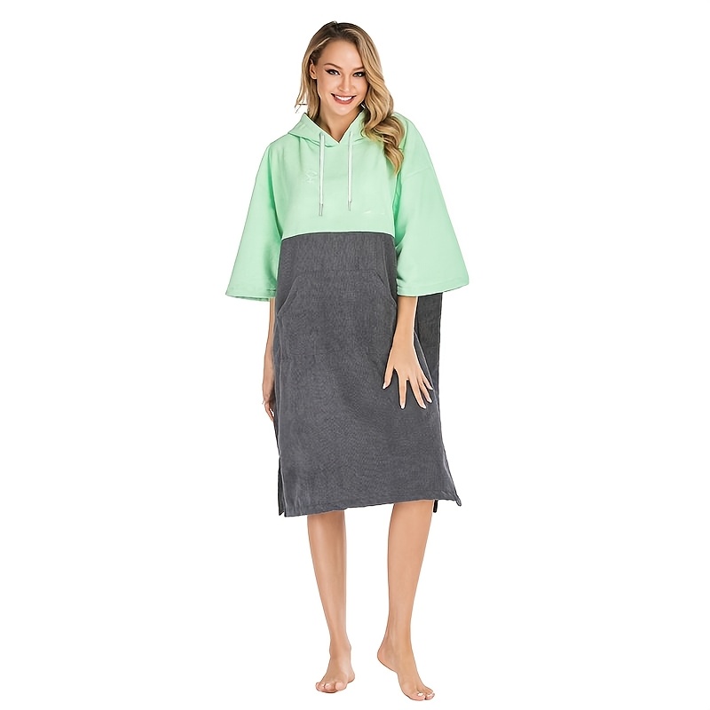 Image of 1pc Color Blocking Surf Poncho Changing Towel, Changing Robe With Hood, Hooded Design Bathrobe With Large Pocket, Bathroom Supplies