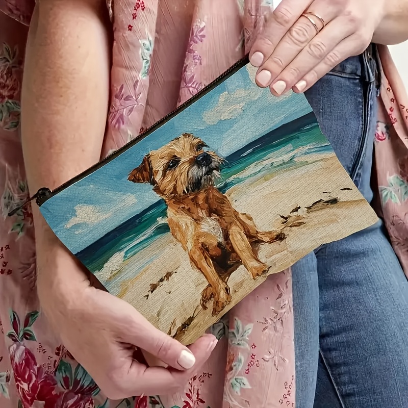 TEMU A Border Terrier Makeup Bag - A British Breed Oil Painting Cosmetic Storage Pouch With A Zipper Closure, Portable Travel Bag And Beach-themed