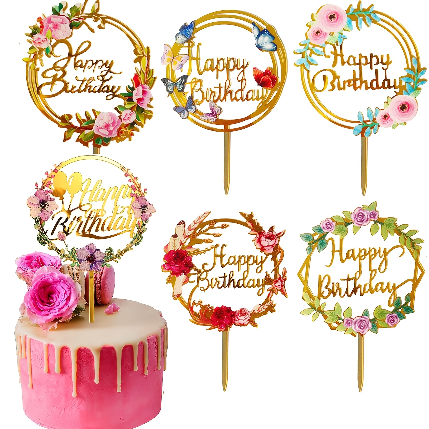 6pcs Happy Birthday Cake Toppers Acrylic Cupcake Cake Toppers For Birthday Party Anniversary Pastries Decoration, Halloween, Christmas