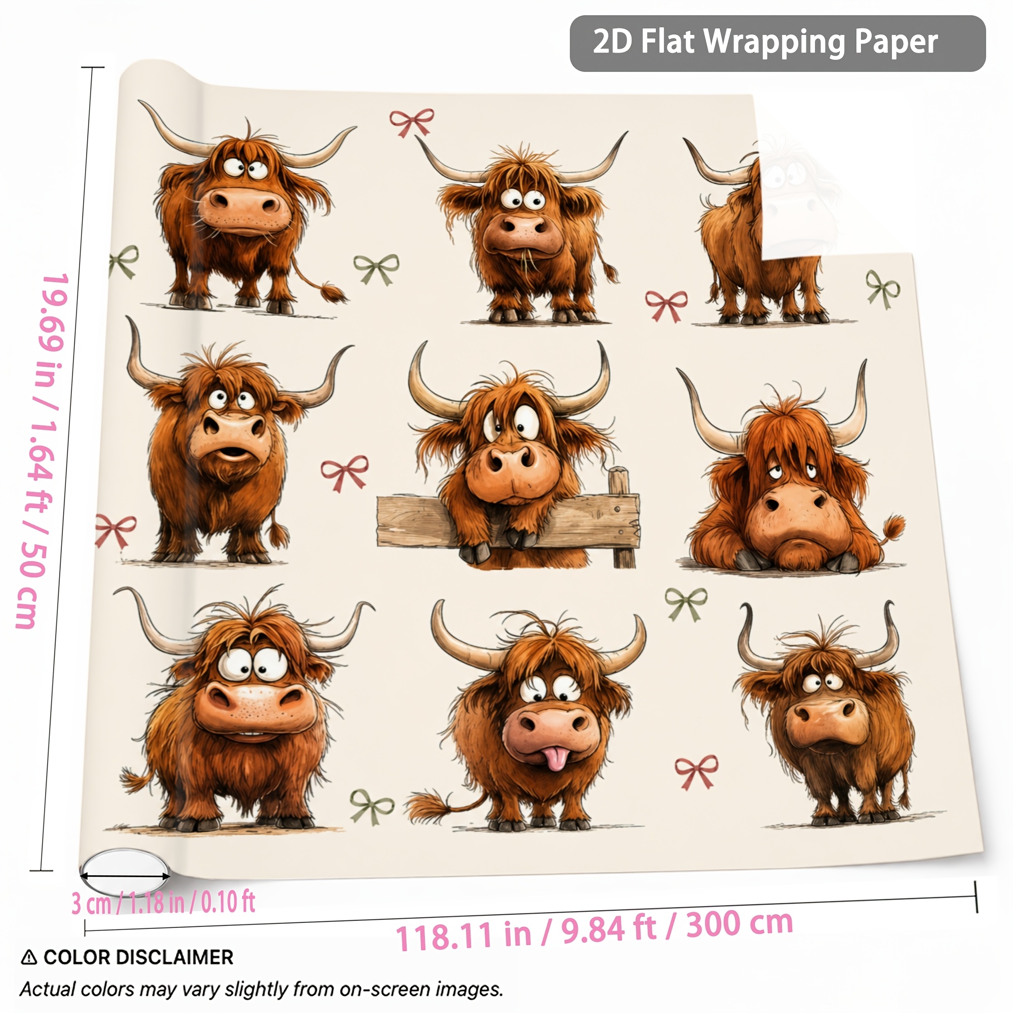 TEMU 1 Rolle 50Cm x 300Cm Geschenkpapier, Süßes Hochlandkuh Muster Geschenkverpackungspapier, Geschenkverpackung für Geburtstagsfeiern,