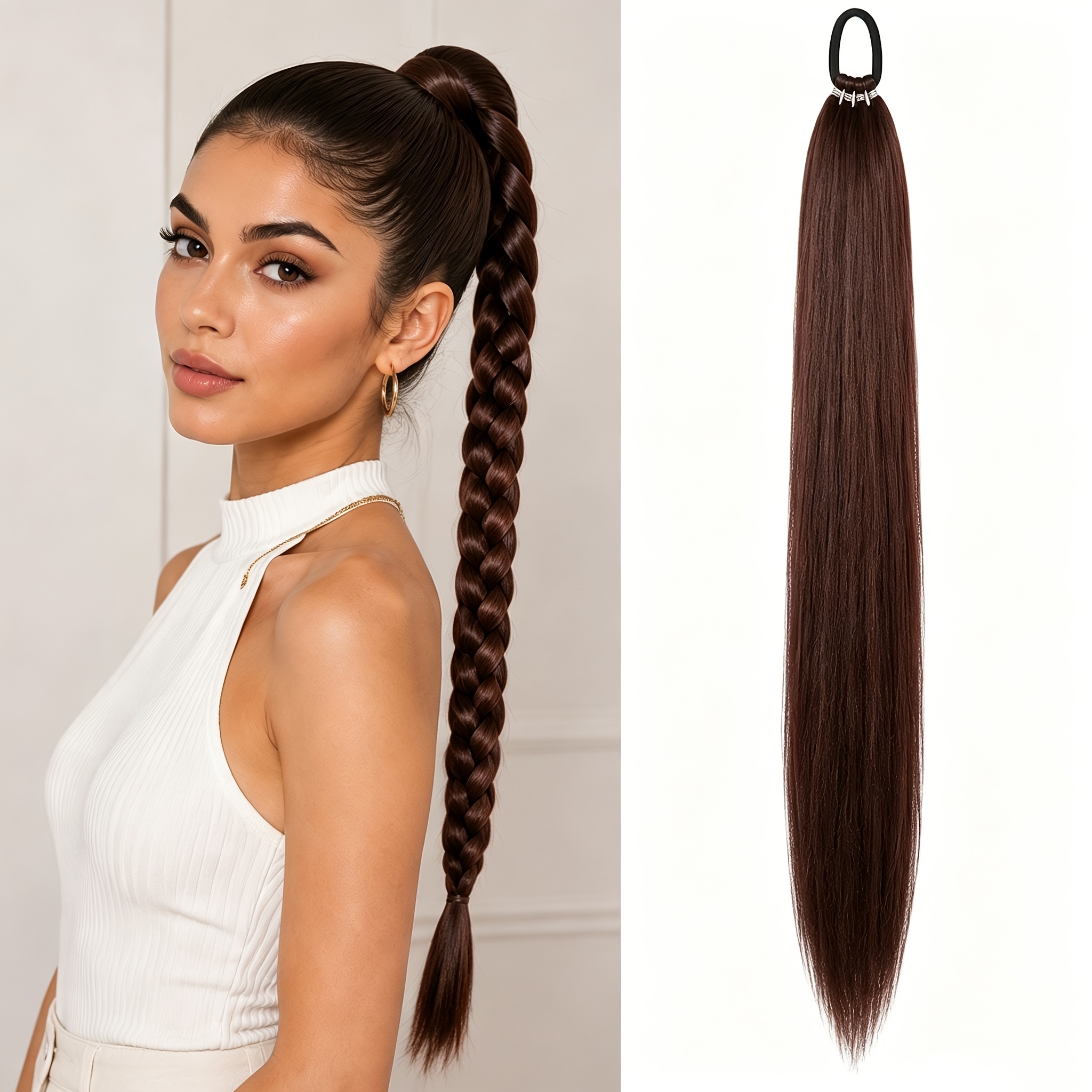 TEMU Bandeau à extension de cheveux queue de cheval longue et droite, bandeau élastique avec cheveux synthétiques enveloppés d'une postiche queue de