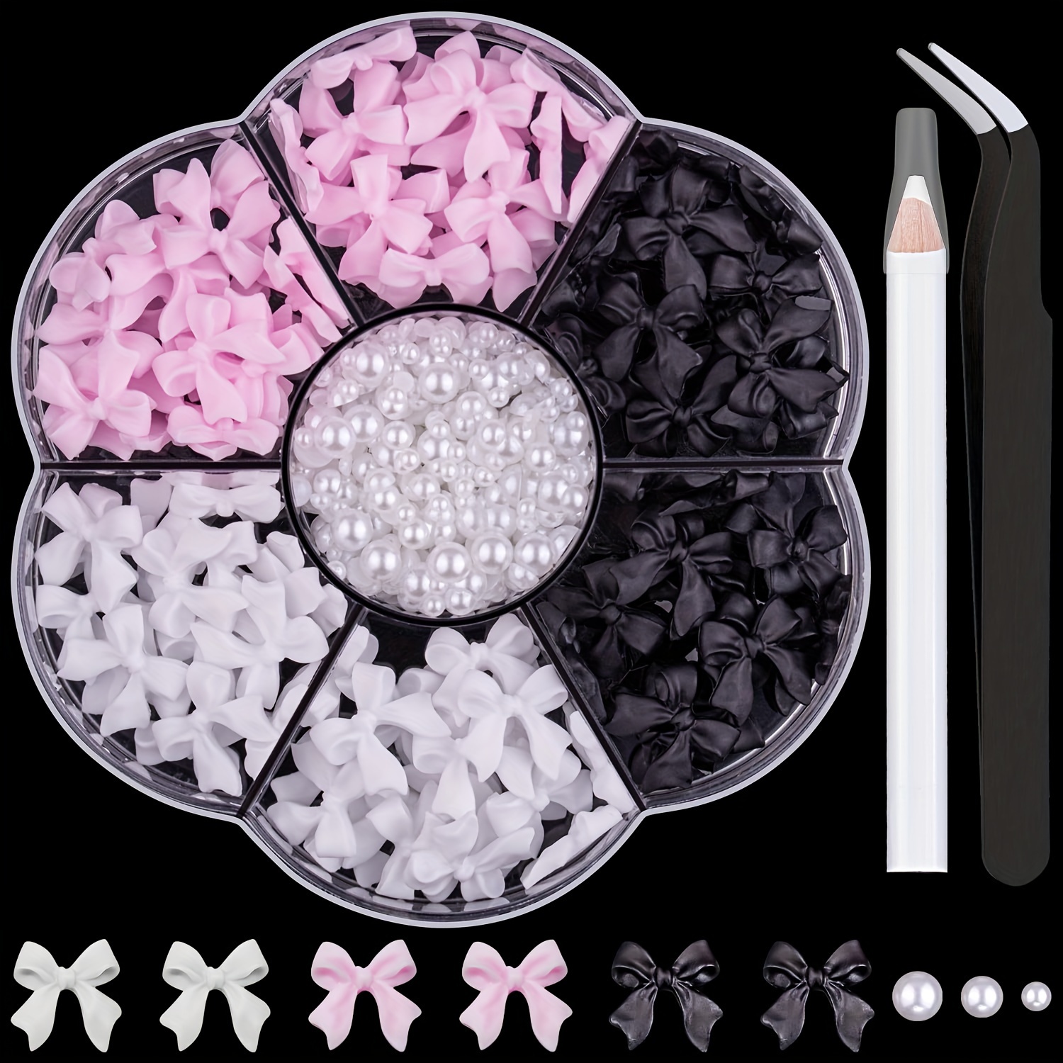 

1 Box 3d Bow Nail Charms And Flatback Pearls Set 4, 120 Pcs Cute Bow Charms For Nail Design + 2-4mm White Nail Pearls With Pickup Tweezer And Pencil For Nail Art Decoration