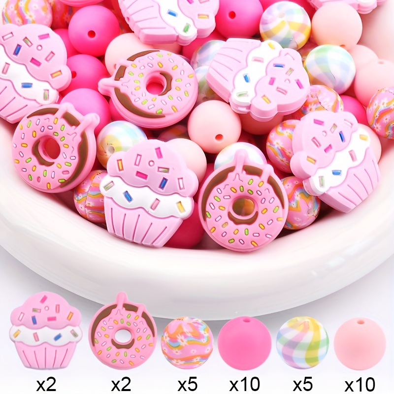 E-shop 34-teiliges Donut-Kuchen-Silikonperlen-Set, Donut- und Cupcake-, Silikonperlen für Schmuckdekoration, Ohrringe, Ketten, Taschenketten,