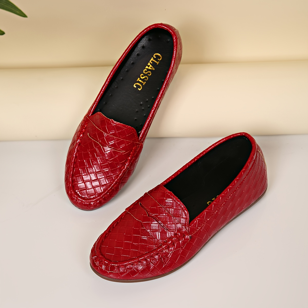 TEMU Mocassins pour femme, Mocassins élégants à motif tissé pour femme, Mocassins à semelle souple, Chaussures plates confortables de grande taille