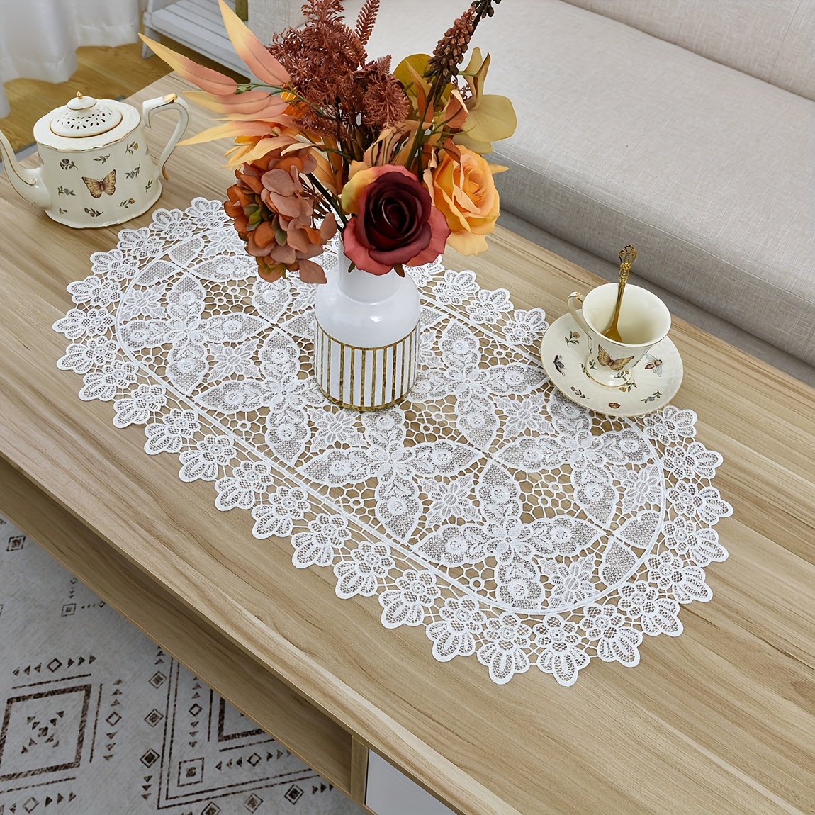 Lace Embroidered Oval Table Runner Fabric Tablecloth Placemat Coaster Table Mat Home Decoration Mat