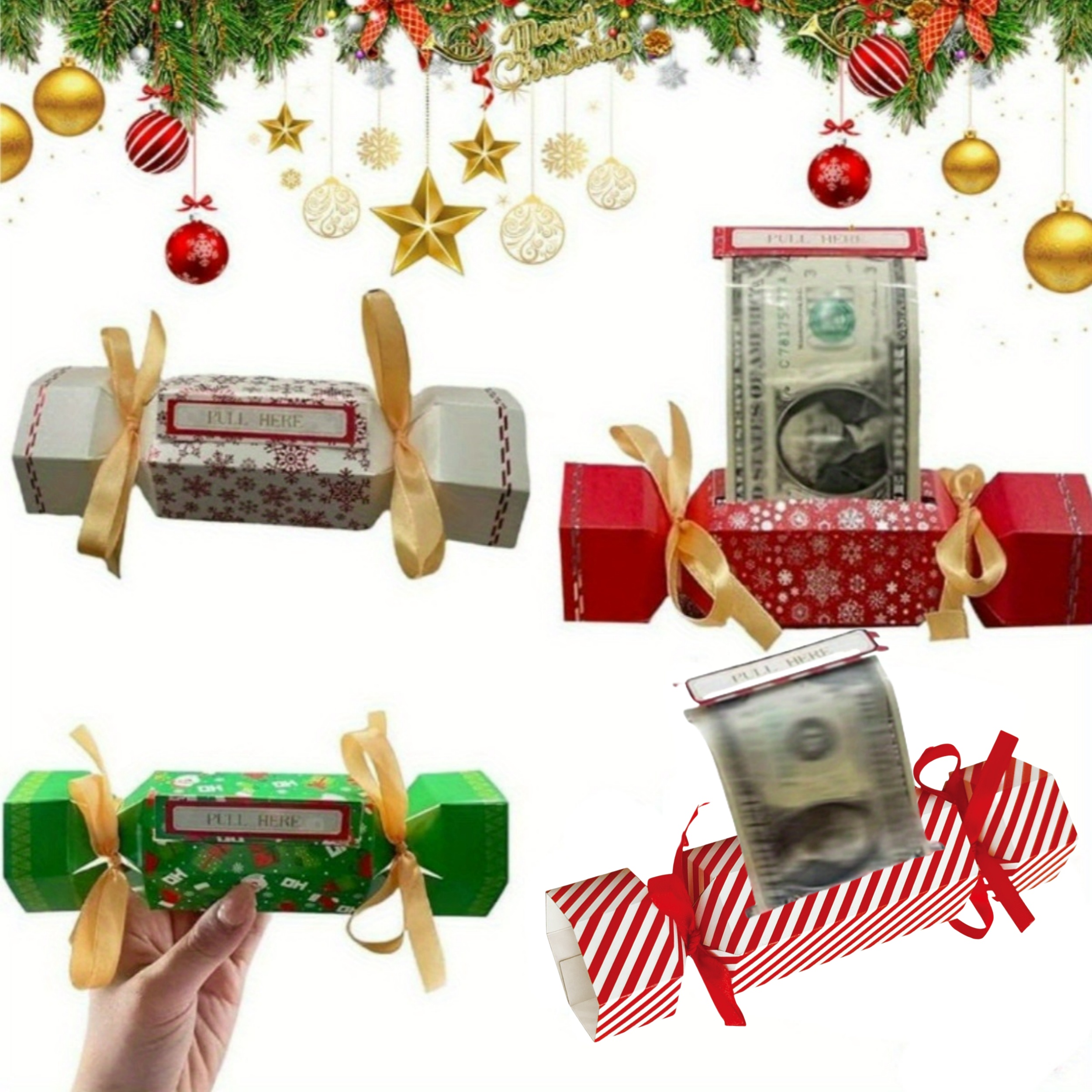 

4-pack Christmas Surprise Money Pull Pouch Set, Candy-themed Cash Gift With Pull-out Card And Ribbon, Party Favor For Holidays And Birthdays, Paper Material, No Electricity Needed