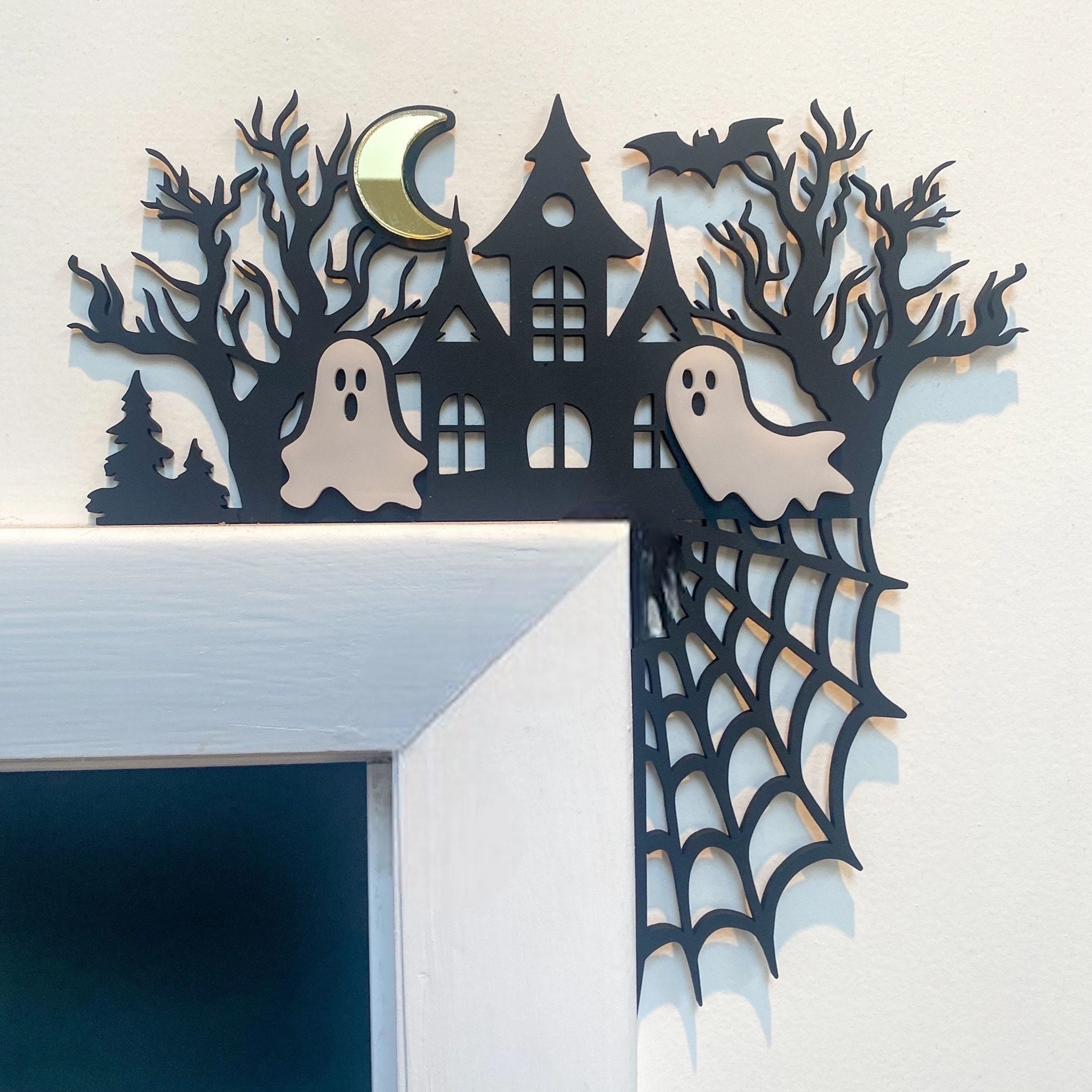 

Spooky 3d Halloween Door Corner Decor With Spider Web, & Bats - Perfect Haunted Mansion Theme For Any Room