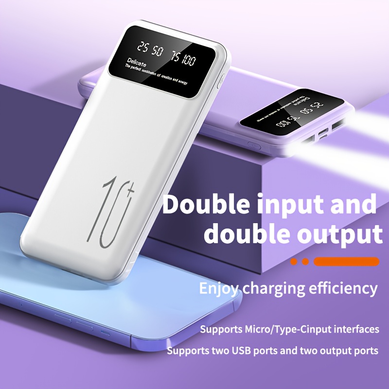 Batterie Externe Portable Rechargeable avec Lumière, Entrée Type-C 10W, Double Sortie USB-A 10W, Options de Capacité 10000mAh/20000mAh, Compatible avec iOS et Android, Adaptée aux Téléphones, Casques, Tablettes et Autres Appareils Électroniques
