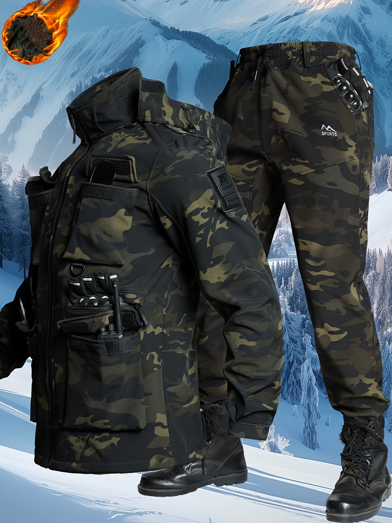 2-delars utomhus avslappnad vindjacka set för höst/vinter, herrarbetskläder, vindtät och termisk vinterjacka med  , dragkedja och   fickor + bekväma, slitstarka, multifunktionella byxor med elastisk midjebanddesign – lämplig för dagligt  , camping, vandring, cykling, fiske, herrsportkläder