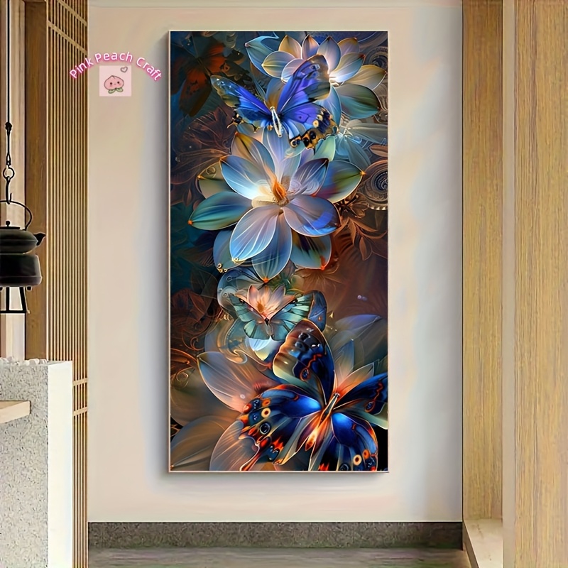 TEMU Extra Large 2d Flat Printing Diamond Painting Kit Frameless Canvas Diy Painting - Blue And Beautiful Butterflies Perched On Flowers Theme, Round