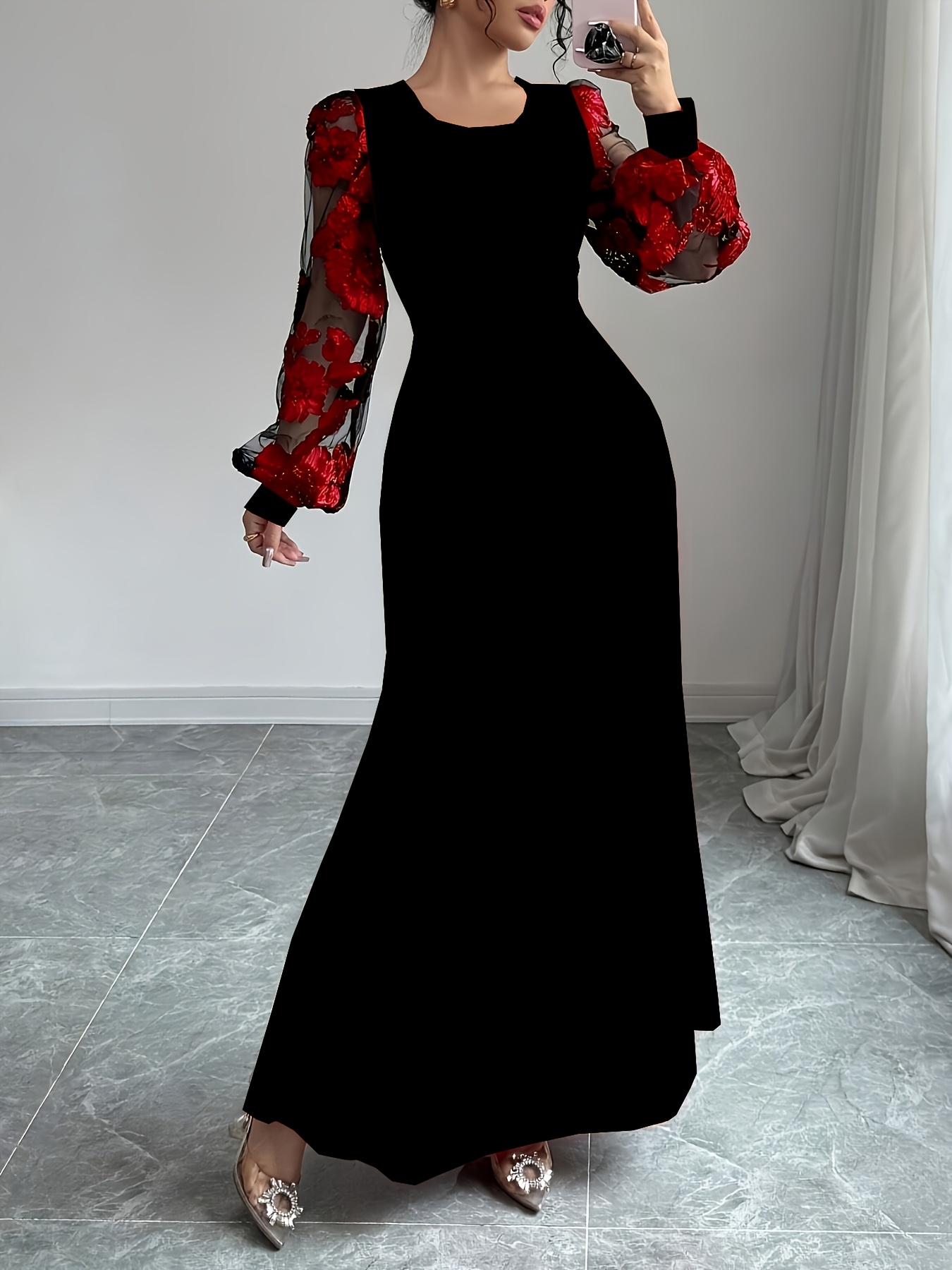 Red Elegant Mesh Embroidered Fitted Round Neck Dress with a Mermaid