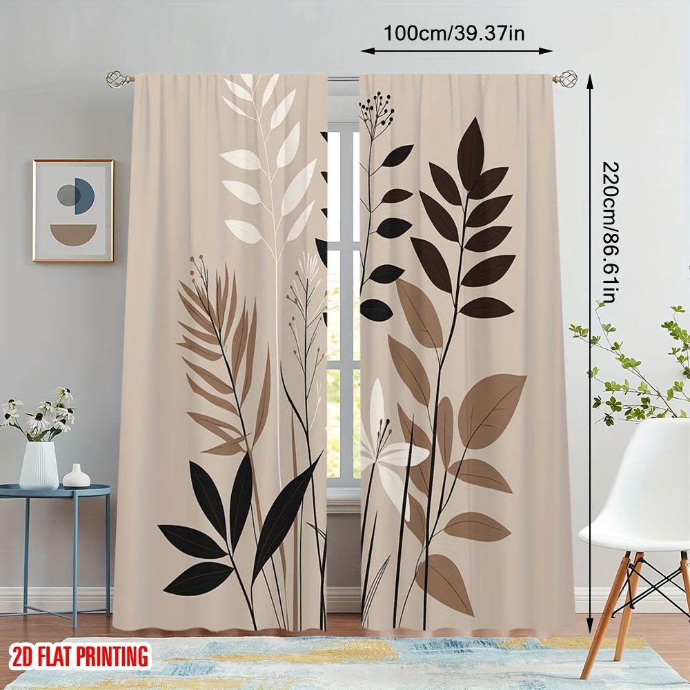 TEMU 2D Plat, 2pcs Rideaux Imprimés 2D Feuilles Fleurs Numériques en Polyester pour Fêtes, Chambre à Coucher Salon Salle de Rangement Dressing Pièce
