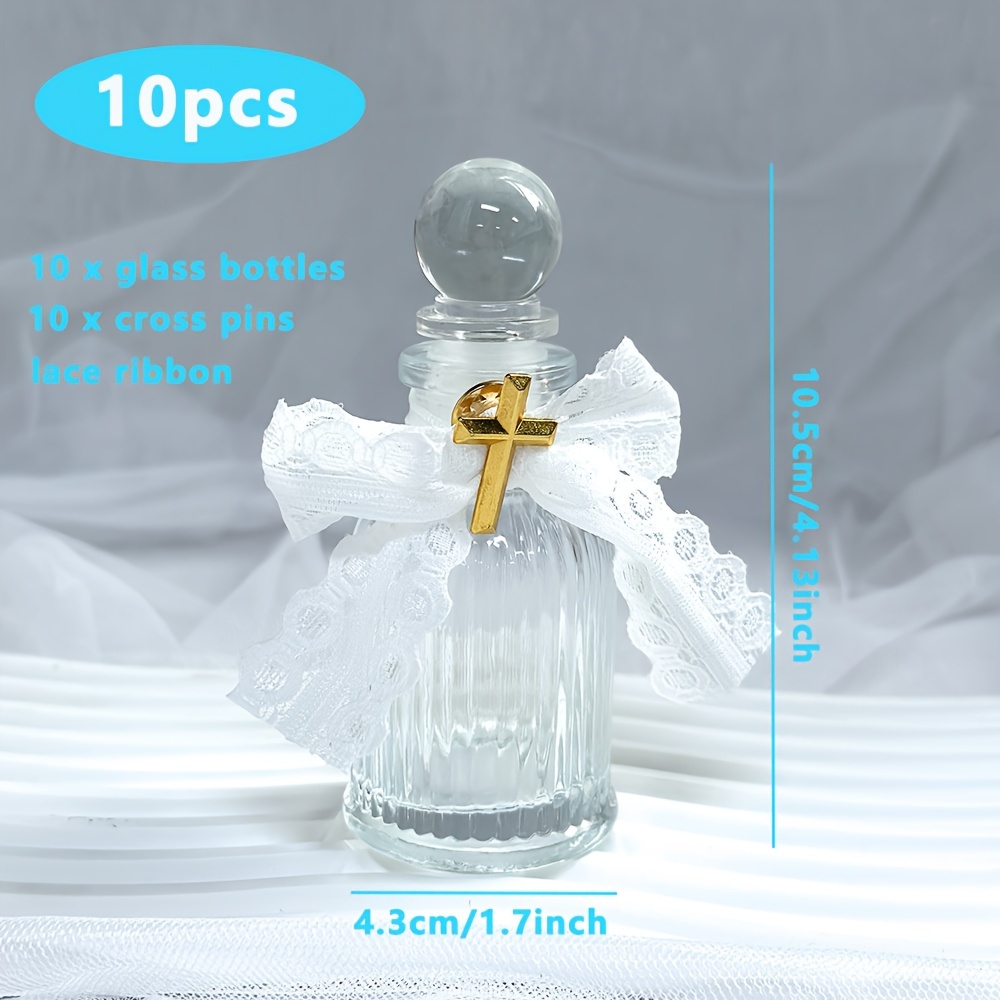 Image of Set Of 10 Glass Bottles Containing 50ml Of , Designed For Catholic Christians, Complete With Cross Lapel Pins And Lace Ribbons, Ideal For Gifts At Holy Communions And Wedding Celebrations